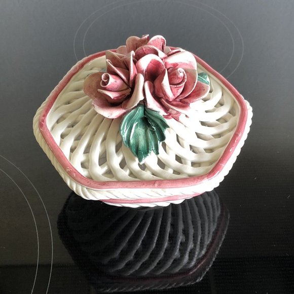 Vintage Italian Ceramic Reticulated Covered Dish  Pink/White - Picture 1 of 14